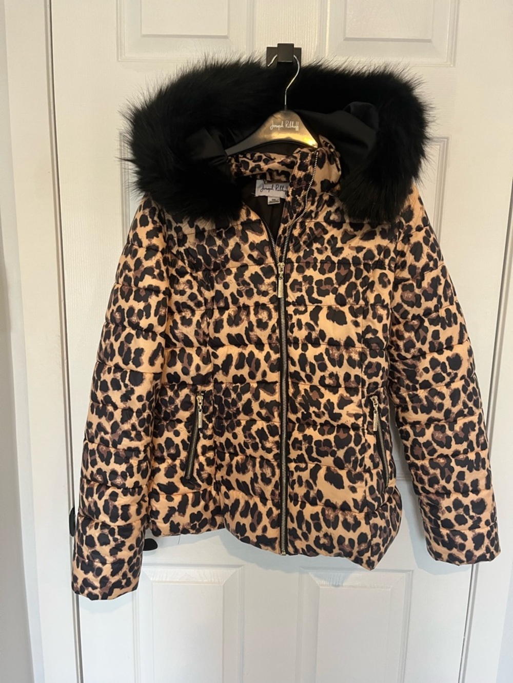 Joseph Ribkoff Leopard Print Puffer Jacket with Black Faux Fur Hood